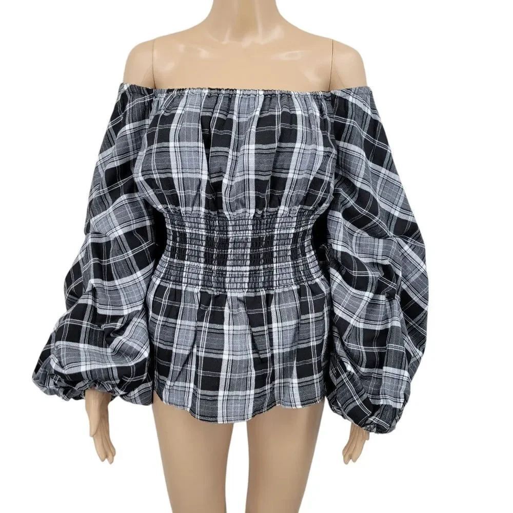 Sugar Lips Black Plaid Off the Shoulder Top Smocked Bodice Statement Sleeves NEW